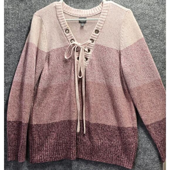 SOHO New York & Co Jeans Sweater Size M Cream Pink Mauve Wine Striped Laced Tie - Picture 1 of 6